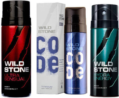 

Wild Stone ULTRA SENSUAL DEODORANT 150 ML+ CODE TITANIUM DEODORANT 120 ML+ HYDRA ENERGY DEODORANT 150 ML Deodorant Spray - For Men(150 ml, Pack of 3)