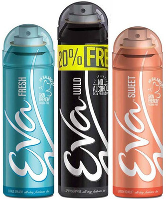 

EVA 20% FREE With WILD 125ml+25ml + FRESH 125ml + SWEET 125ml, No Alcohal, Skin Friendly Pack Of 3 Deodorant Spray - For Women(400 ml, Pack of 3)