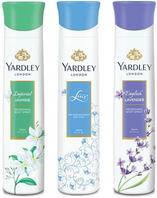 

Yardley London Jasmine Lace & English Lavender Deo Perfume Body Spray - For Women(150 ml, Pack of 3)