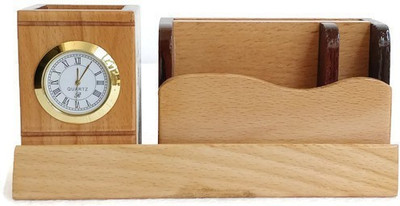 

SHIVOM CRAFTS 4 Compartments Wooden Wooden Pen Holder With Watch,Visiting Card,Mobile Fone Holder.(Beige)