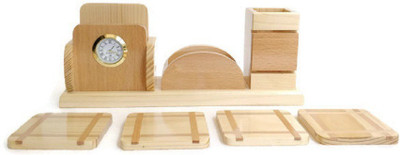 

Shivom Crafts 3 Compartments Wood Pen Holder With Clock & 4-Tea Coaster Set(Beiege)