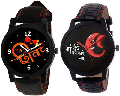 

AK WATCH Of TWO Combo Ganesha Special Black Leather Strap Men Watch - For Men