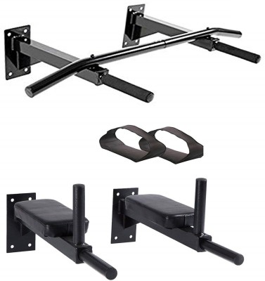 IBS Wall Mount Combo Dips Bar Pub Straps for Multiple Body Exercises for Home and Gym Pull-up Bar(Black)