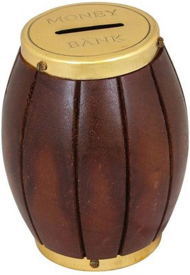 

Craftpoint Handcrafted Wooden Barrel Shape Money Bank /Piggy Bank / Coin Box with metal cap Coin Bank(Brown)