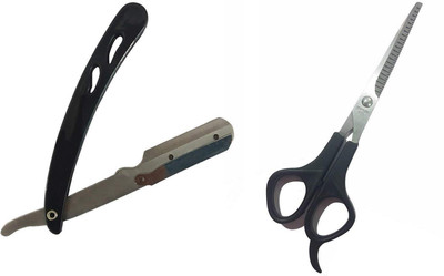 

INAAYA Combo Of Hair Dressing Thinning Scissors With Shaving Razor For Men, Black(Set of 2)