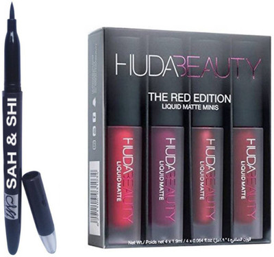 

Sah&Shi Liquid Gel Eyeliner With Huda Red Edition Lipsticks (Pack of 4)(Set of 2)