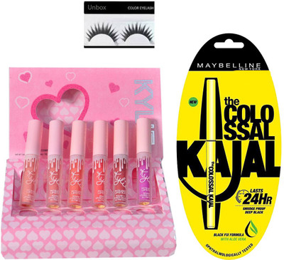 

UnBox Imported Combo set Kylie jenner Kylie heart shape 6 in one (Multicolor), Maybelline Kajal Pencil Black & Eyelashes (Set of 3)(Set of 3)