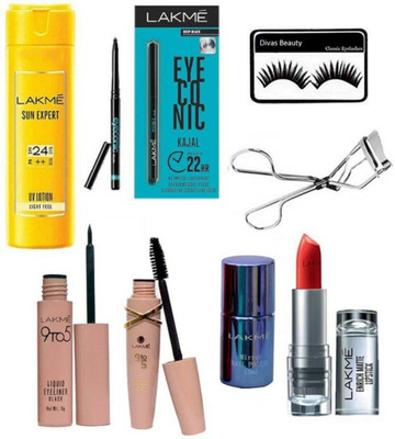 

divas beauty Eyelashes & Eyelashes Curler & Lakme Eyeconic Kajal Pack of 2 & Nail Paint & Sun expert&Lakme Enrish Lipstick & 9to5 Eyeliner & Mascara(Set of 9)