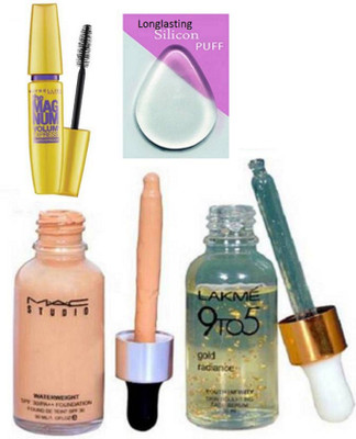 

Longlasting Silicon Puff, Waterweight spf 30, Serum, Volume Express Water Prof Mascara(Set of 4)