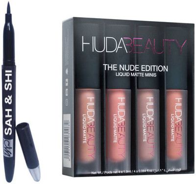

Sah&Shi Liquid Gel Eyeliner With Huda Nude Edition Lipsticks (Pack of 4)(Set of 2)