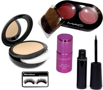 

Marvalous Eyelashes & Mac Studio Fix Compact & Liquid Last Black Eyeliner & Two Shade Blusher & Lakme Nail Polish Mirror(Set of 5)