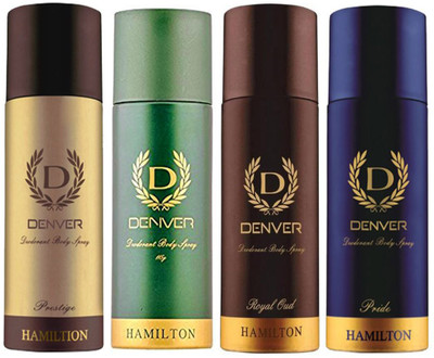 

Denver PRIDE DEODORANT 165 ML+ROYAL OUD DEODORANT 165 ML+HAMILTON DEODORANT 165 ML+PRESTIGE DEODORANT 165 ML Deodorant Spray - For Men & Women(165 ml, Pack of 4)
