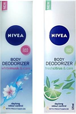 

Nivea BODY DEODORIZER FreshCitrus & Care + BODY DEODORIZER WhiteMusk & Care GAS FREE. Deodorant Spray - For Women(240 ml, Pack of 2)