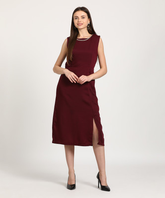 Tokyo Talkies Women Fit and Flare Maroon Midi/Calf Length Dress