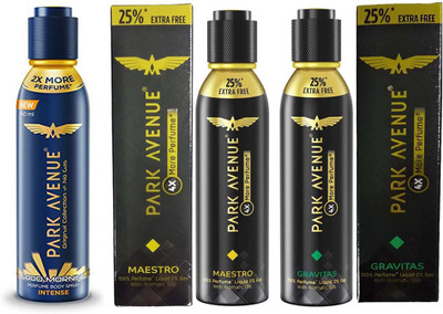 

Park Avenue 25% EXTRA FREE 4x More Perfume Spray with Good Morning Body Spray 1 INTENSE Perfume Body Spray + 1 MAESTRO Perfume+ 1 GRAVITAS Perfume 150ml × 3 Pack Of 3 Eau de Parfum - 450 ml(For Men)