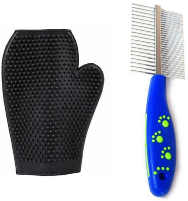 

W9 Imported High Quality Double Sided Pet Comb Stainless Steel Pin Dog Grooming Brush With Grooming Gloves (Blue) Basic Comb for Dog