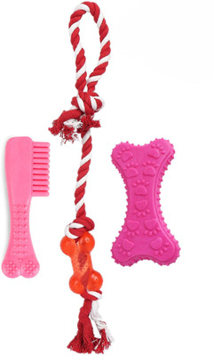 

W9 High Quality Combo Pack of 3-Non-Toxic Puppy/Cats Tug- Knotted Cotton Chew Rope Toy with Rubber Toy Cotton Fetch Toy, Chew Toy For Dog