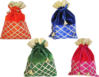 

Muccasacra Festival & Wedding Gifting criss cross Gota Patti Velvet Shagun Return Gift ( pack of 4) Potli(Red, Pink, Green, Blue), Blue;green;pink;red