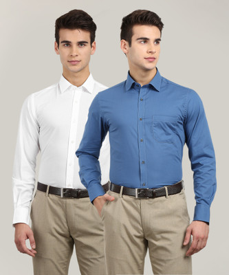 Peter England Men Solid Formal White, Blue Shirt(Pack of 2)