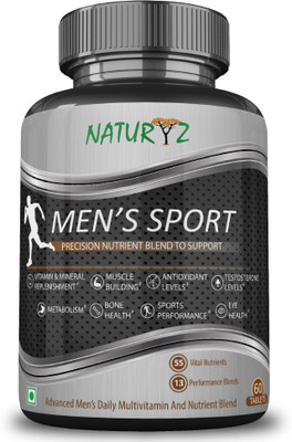 

NATURYZ MEN'S SPORT Multivitamin with 55 Vital Nutrients & 13 Performance Blends consisting ( Vitamins, Minerals, Amino acids, Testosterone Boosters, Antioxidants, Phytonutrients, Digestive enzymes, Joint care & General health blends) 60 Tablets(1250 mg)