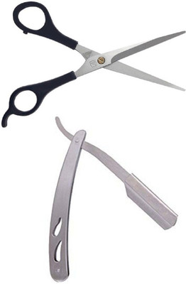 JAMPAK Professional Stainless Steel Straight Edge Barber Blade Shaving Razor For Men / Premium Hair Cutting Barber Scissor(Set of 2)