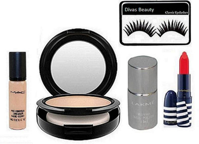 

divas beauty Eyelashes & Mac Studio Fix Compact and Pro longwear Concealer and Lipstick and Mirror Nail polish(Set of 5)