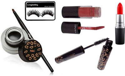 

Longlasting Eyelashes, Mac Fluidline Eyeliner, Lipgloss Of Mac, 2in1 Mascara & Eyeliner, Matte Finish Lipstick Red(Set of 5)