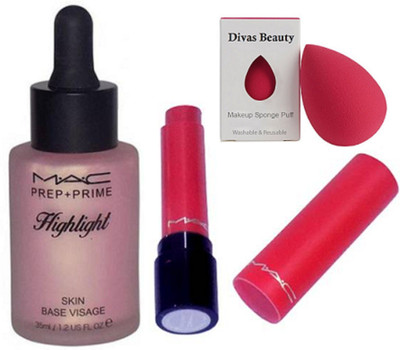 

divas beauty Sponge Puff With Mac Prep+Prime HIghlighter & Liptensity Lipstick of mac(Set of 3)