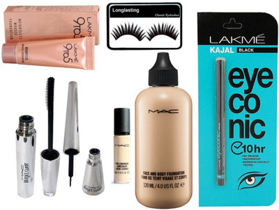 

Longlasting Eyelashes, Mac Face and Body Foundation, Pro longwear Concealer, Brook Candy Eyeliner & Mascara, 9to5 Mousse Foundation, Eyeconic Kajal(Set of 7)