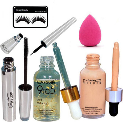 

divas beauty Eyelashes & Mac Waterweight Spf 30 Foundation & Lakme 9To5 Gold Radiance Face Serum & Brooke Candy Liner & Mascara & Sponge Puff(Set of 6)