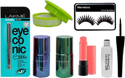 

Marvalous eyelashes & mac liquid eyeliner, lakme eyeconic kajal , mirror nail polish Set of 2 , liptensity toast and butter with nail remover(Set of 7)