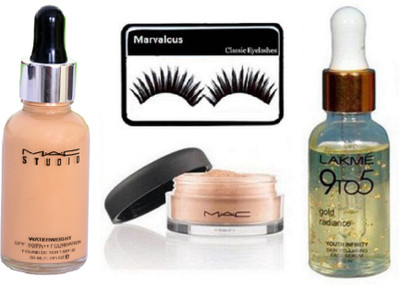 

Marvalous eyelashes, mac studio waterweight found de teint foundation & loose beauty powder with lakme 9 to 5 gold radiance primer(Set of 4)