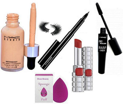 

divas beauty Sponge Puff,Studio Waterweight SPF 30 Foundation With Eyeliner & 180 Wrap Mascara +Eyelashes & L'oreal Long Lasting Lipstick(Set of 6)