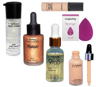 

Longlasting Sponge Puff With Foundation & prep+prime Primer & Highliter With Pro longwear Concealer With Gold Radiance Face Serum(Set of 6)