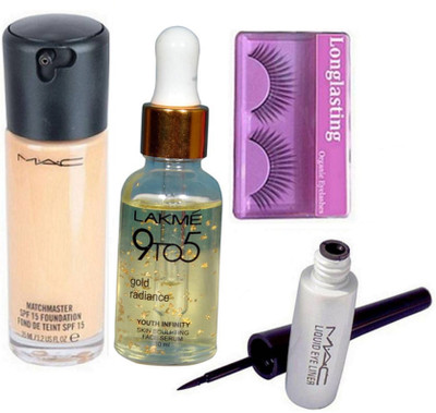 

Longlasting Eyelashes, Mac Matchmaster Spf 15 Foundation Found De Teint, Liquid Eyeliner, 9to5 Gold Radiance Serum(Set of 4)