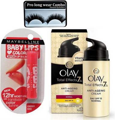 

Pro longwear combo eyelashes &Baby lips cherry kiss lip balm and Olay Total Effects 7 in one Anti ageing cream 20g(Set of 3)