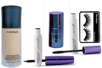 

Marvalous eyelashes , mac match master foundation , lakme 9 to 5 waterproof eyeliner & mascara with mirror nail polish(Set of 5)