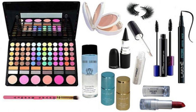 

divas beauty Makeup brush, 78 Makeup Palette , Eyelashes, Lightful Two Way Mirror Compact With Black Stick kajal & Mac Glitter Off White Eyeliner, Long Lasting Matte Finish Lipstick & Haute & Naughty Two in One Mascara & Deep Black Pen Eyeliner & Bobby Br