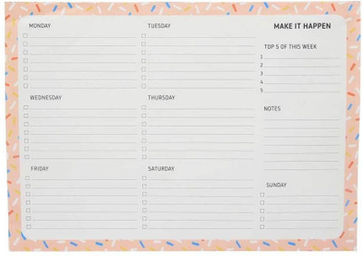 

Flipkart SmartBuy A4 Notebook(Pink Donut Pattern A4 Weekly Planner Pad, Pink,Blue,Yellow,White)