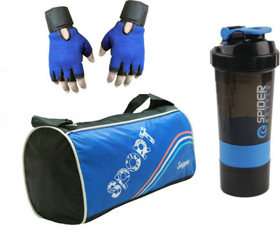 

Snipper Combo Of Sport Gym Blue Bag , Blue Gloves and Blue Spider Shaker Gym & Fitness Kit