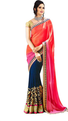 Aksh Fashion Embroidered Bollywood Georgette Saree(Gold), Blue;orange