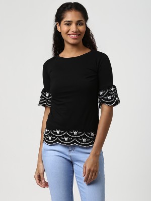 HARPA Casual Bell Sleeve Solid Women Black Top