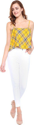 Purple State Casual Shoulder Strap Checkered Women Yellow Top