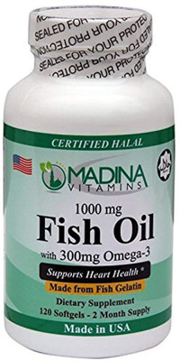 

Madina Vitamins Omega 3 (300mg) Fish Oil (1000mg) Fish Gelatin with EPA / DHA (120 Softgel Pills with Lemon Flavor) Made in USA - Halal Vitamins(120 No)