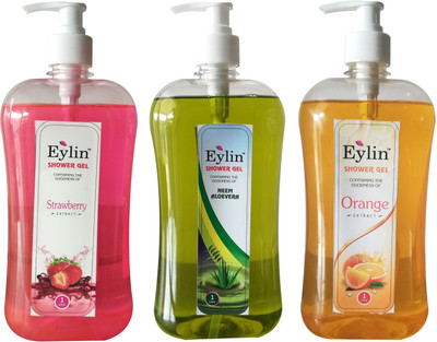 

EYLIN SHOWER GELS PREMIUM RANGE : CONTAINING DIFFERENT EXTRACTS, THIS COMBO CONSISTS OF : 1 LITRE SCREAMING STRAWBERRY PERFUMED-PINK COLOURED, 1 LITRE ORANGE FRAGRANCE, & 1 LITRE NEEM /ALOE VERA ENHANCED SHOWER GELS. TOTAL : 3 LITRES(3000 ml, Pack of 3)