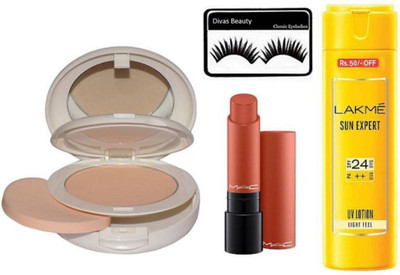 

divas beauty Eyelashes & Mac lightful compact With Matte finish liptensity lipstick & Lakme Sun Expert Sunscreen Lotion(Set of 4)