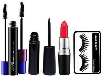 

Divas Beauty Eyelashes, Mac Haute and Naughty Double Effect Mascara, Waterproof Eyeliner, Lustre Lipstick(Set of 4)