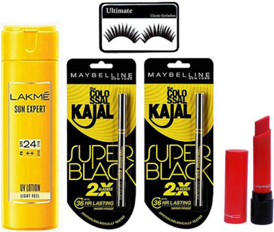 

Ultimate Eyelashes, Lakme Sun Expert UV + Lotion, Maybelline Superblack Kajal Set Of 2, Lipstick(Set of 5)