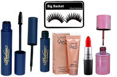 

big basket Eyelashes, Mascara & Eyeliner, Red Lipstick, Mousse, Mirror nail Paint(Set of 6)
