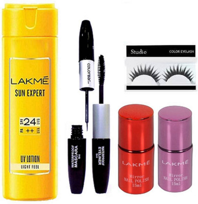 

Studio Eyelashes With Mirror nail Polish 2 ColorsSun Expert 24SPF Body Lotion, 2in1 Eyeliner And Mascara(Set of 5)